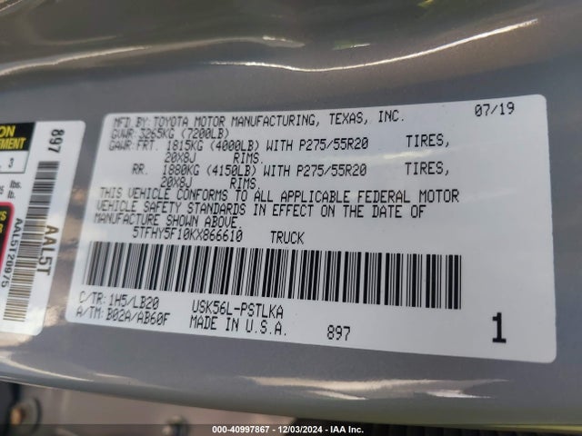 5TFHY5F10KX866610 Toyota Tundra Limited 5.7l V8