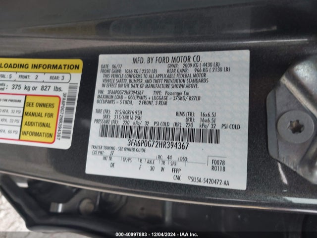 3FA6P0G72HR394367 Ford FUSION S
