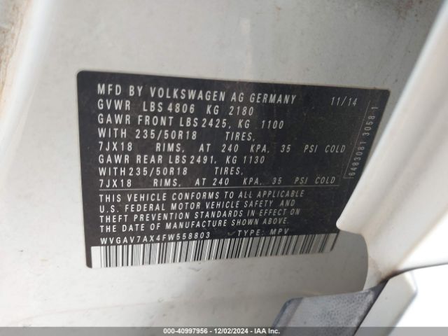 WVGAV7AX4FW558803 Volkswagen TIGUAN SE
