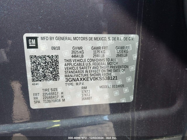 3GNAXKEV0KS538121 Chevrolet EQUINOX LT