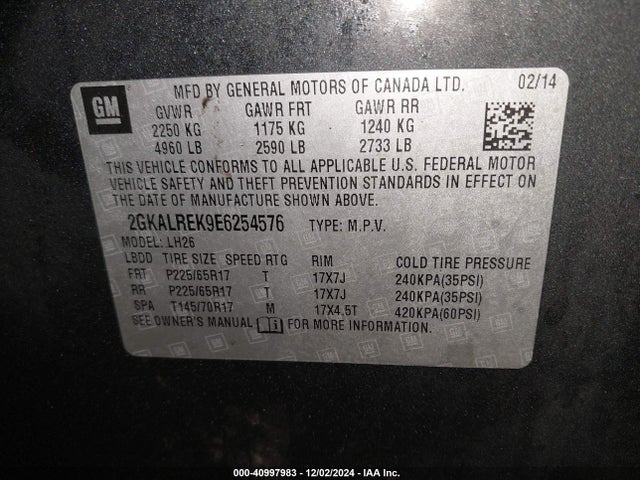 GMC Terrain Sle-2 2014 2GKALREK9E6254576 Image 9