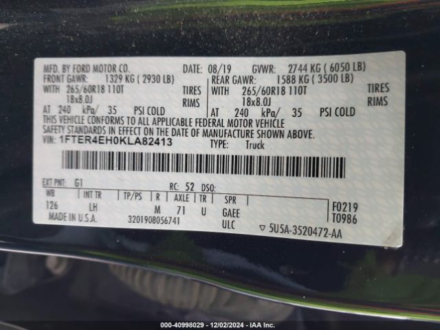 1FTER4EH0KLA82413 Ford Ranger Xlt