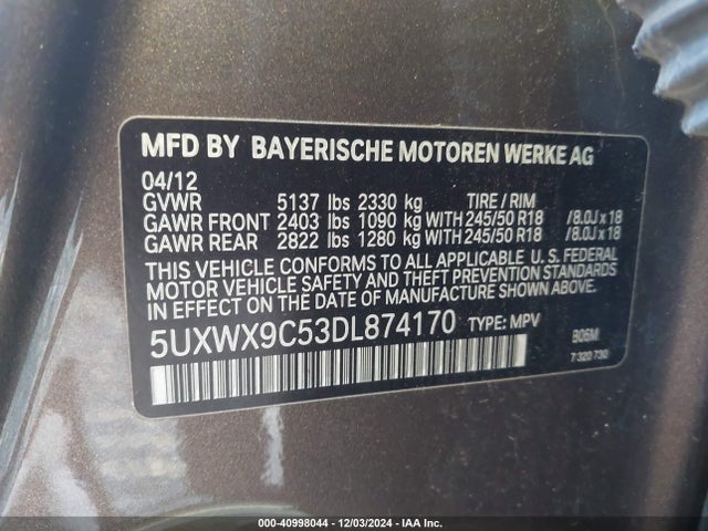 Продаж на аукціоні авто 2013 Bmw X3 Xdrive28i, vin: 5UXWX9C53DL874170, номер лоту: 40998044