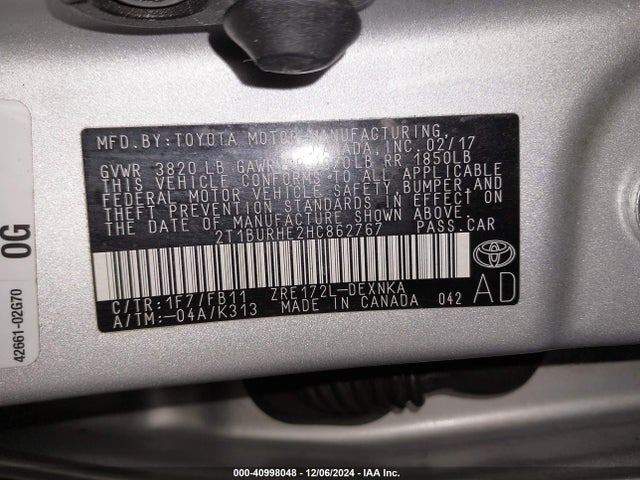 Toyota COROLLA LE 2017 2T1BURHE2HC862767 Image 9