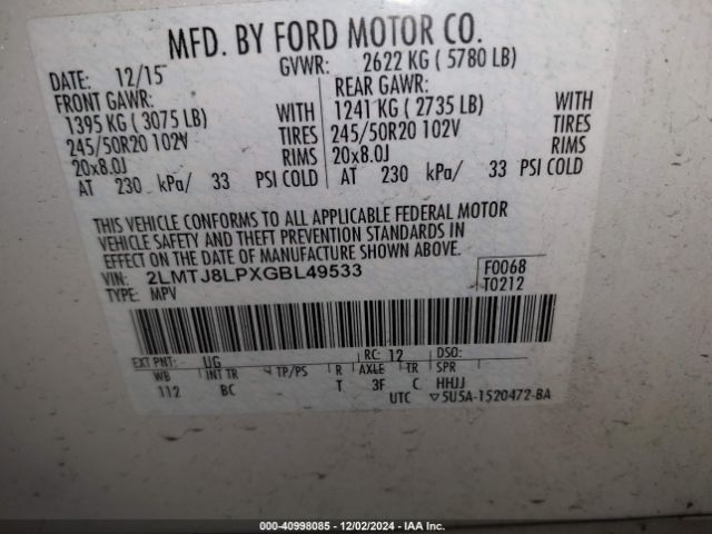 2LMTJ8LPXGBL49533 Lincoln Mkx Reserve