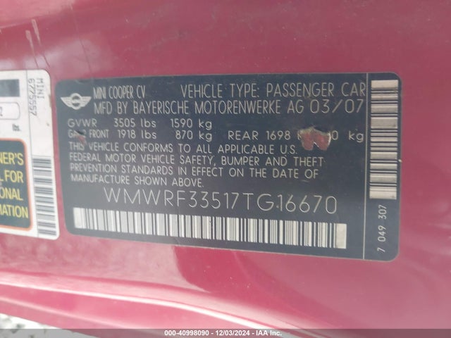 2007 MINI COOPER WMWRF33517TG16670 Photo 8