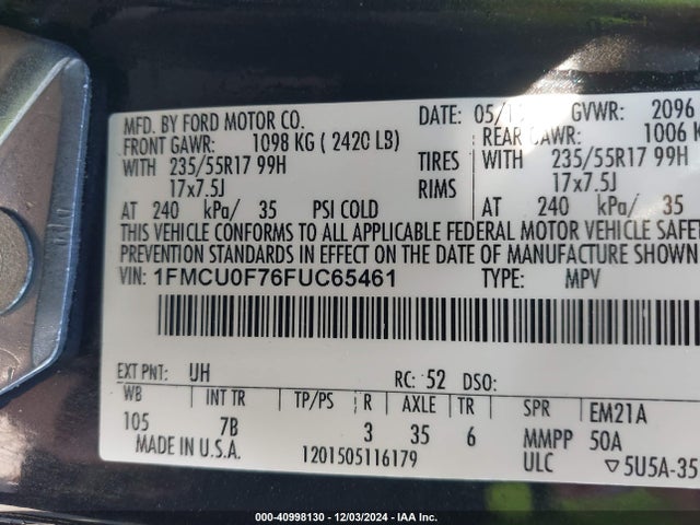 1FMCU0F76FUC65461 Ford ESCAPE S