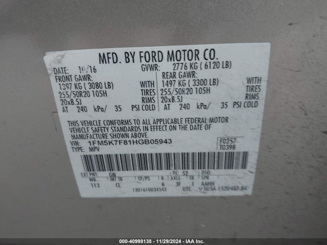 Ford Explorer Limited 2017 1FM5K7F81HGB05943 Image 9