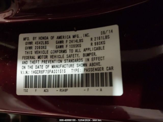 1HGCR6F75FA001515 Honda Accord Hybrid Touring