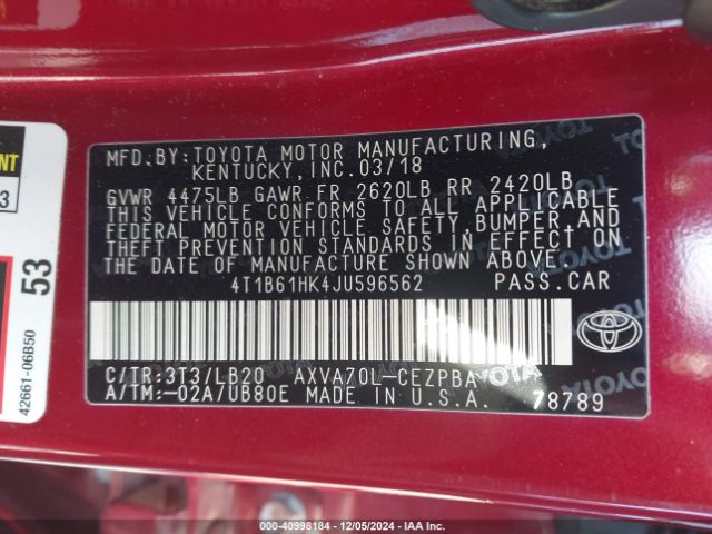 4T1B61HK4JU596562 Toyota CAMRY XSE