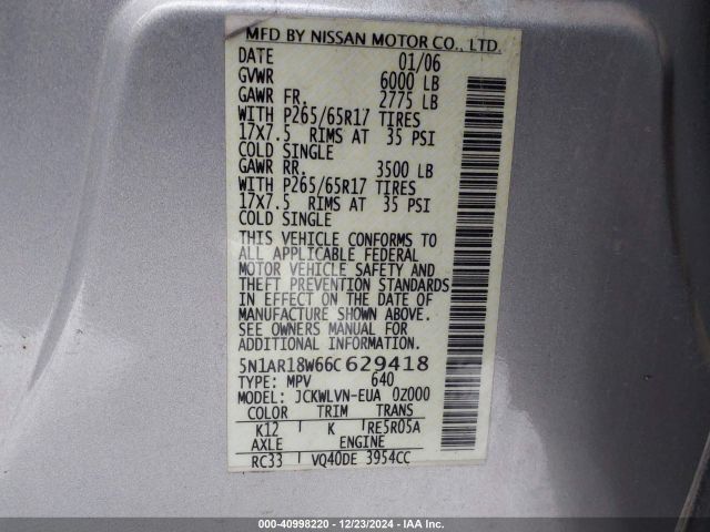 2006 NISSAN PATHFINDER 5N1AR18W66C629418 Photo 8