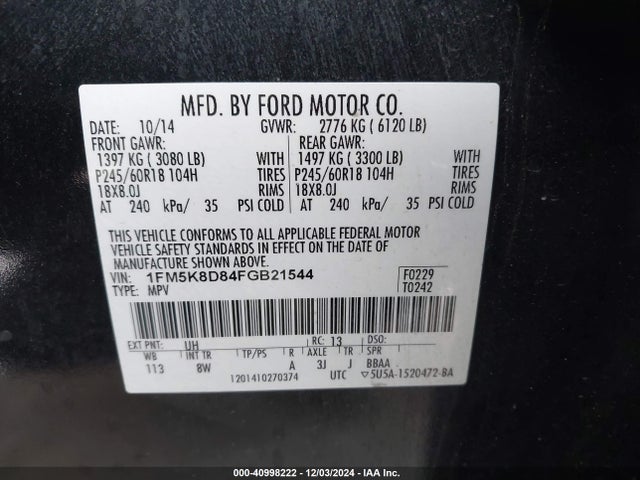 Ford EXPLORER XLT 2015 1FM5K8D84FGB21544 Image 9
