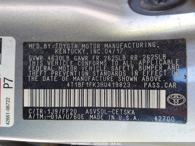 Toyota CAMRY SE 2017 4T1BF1FK3HU419823 Image 9
