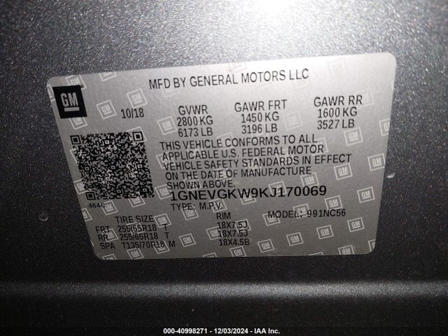 Chevrolet Traverse 1lt 2019 1GNEVGKW9KJ170069 Image 9