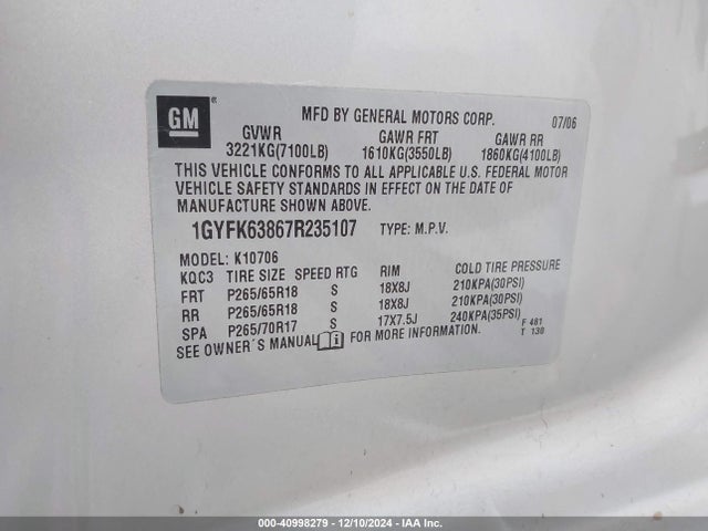 2007 CADILLAC ESCALADE 1GYFK63867R235107 Photo 8
