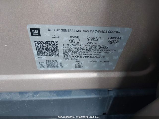 2GNAXKEV9K6170374 Chevrolet EQUINOX LT