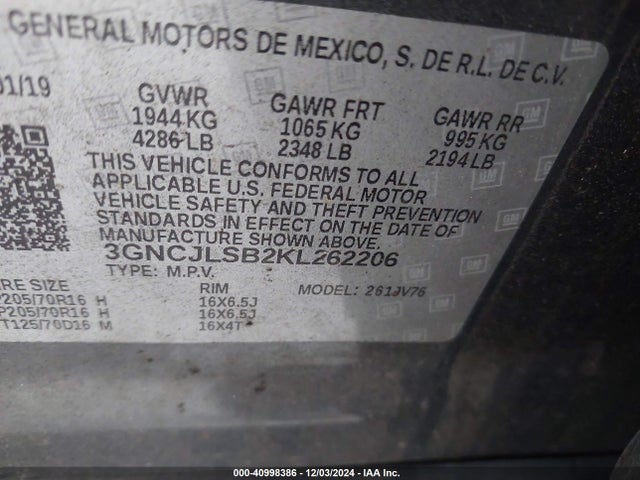 Chevrolet Trax Lt 2019 3GNCJLSB2KL262206 Image 9