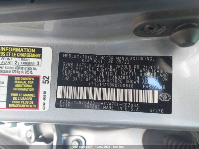 4T1G11AK8NU700846 Toyota CAMRY SE