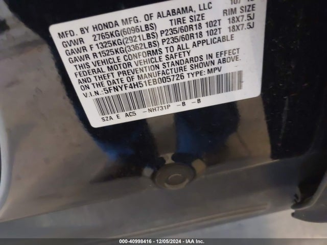 Honda Pilot Ex-l 2014 5FNYF4H51EB005726 Image 9