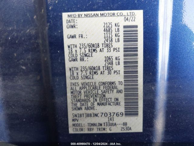 5N1BT3BB3NC703769 Nissan Rogue Sv Intelligent Awd