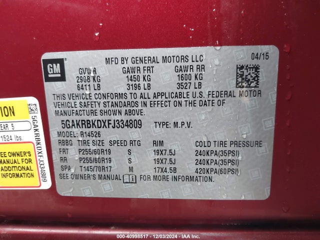 Buick Enclave Leather 2015 5GAKRBKDXFJ334809 Image 9