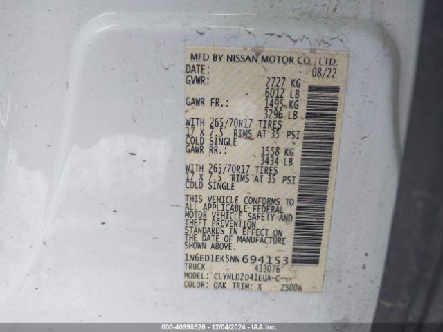 1N6ED1EK5NN694153 Nissan Frontier Pro-4x 4x4