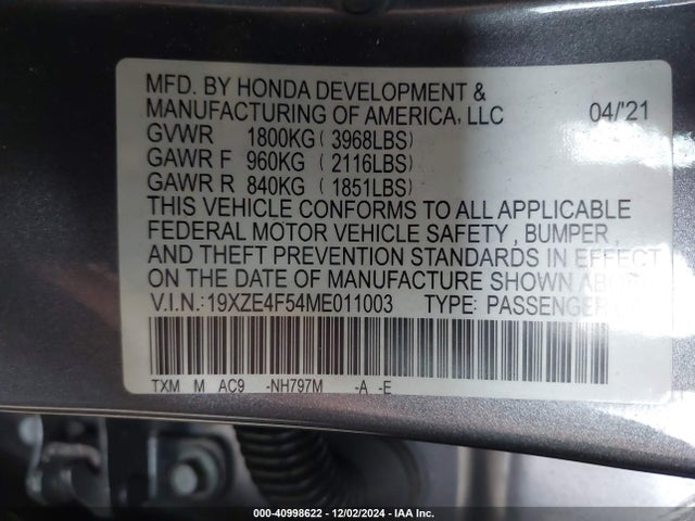 Honda INSIGHT EX 2021 19XZE4F54ME011003 Image 9