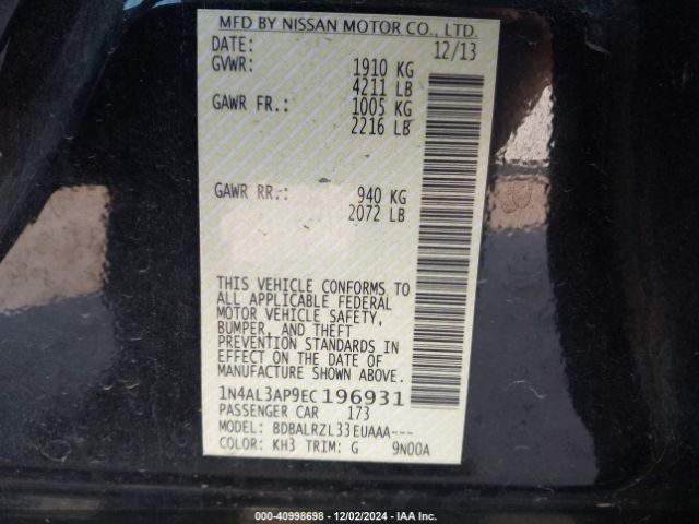 1N4AL3AP9EC196931 Nissan Altima 2.5/2.5 S/2.5 Sl/2.5 Sv