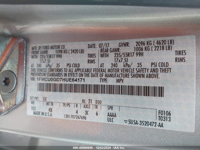 Ford ESCAPE SE 2017 1FMCU0GD7HUE64171 Image 9