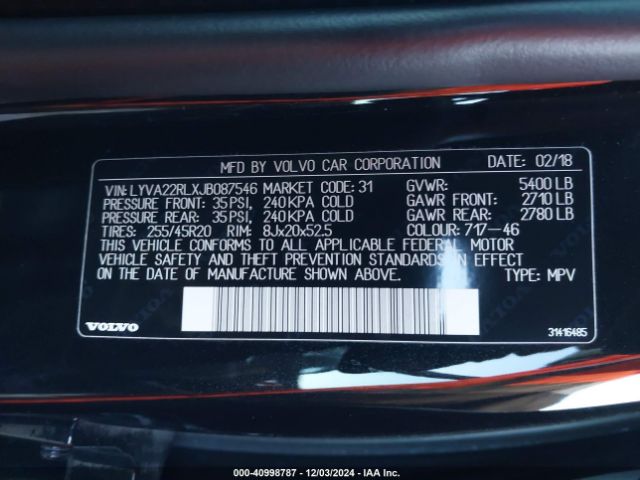 LYVA22RLXJB087546 Volvo Xc60 T6 Inscription