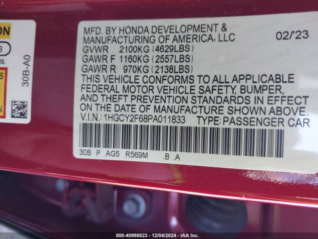 1HGCY2F68PA011833 Honda Accord Hybrid Ex-l