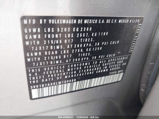 3VV1B7AX6LM100688 Volkswagen Tiguan 2.0t S