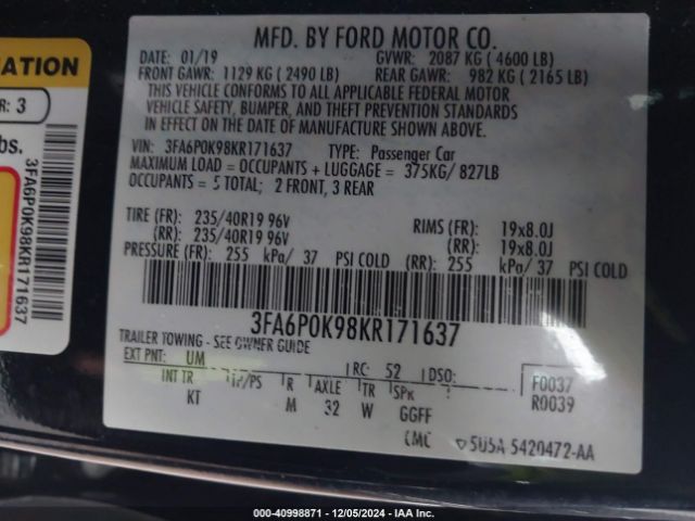 3FA6P0K98KR171637 Ford Fusion Titanium
