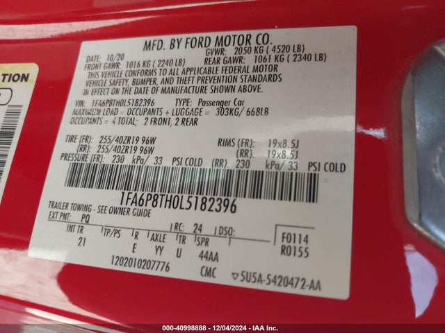 Ford Mustang Ecoboost 2020 1FA6P8TH0L5182396 Image 9