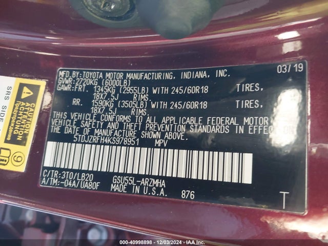 Toyota Highlander Xle 2019 5TDJZRFH4KS978951 Image 9