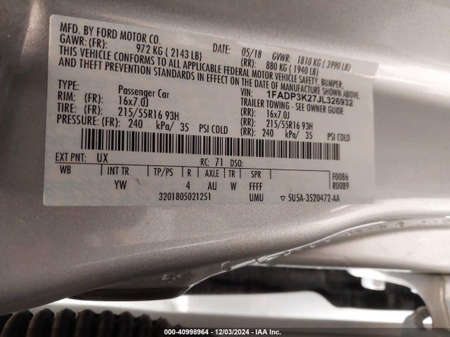 Ford FOCUS SE 2018 1FADP3K27JL326932 Image 9