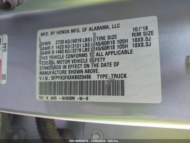 Honda Ridgeline Rtl-t 2019 5FPYK3F6XKB020486 Image 9