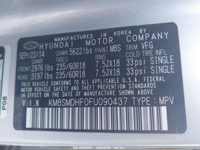 Hyundai Santa Fe Gls 2015 KM8SMDHF0FU090437 Image 9