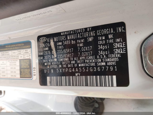 5XYPG4A55JG367791 KIA Sorento 3.3l Lx