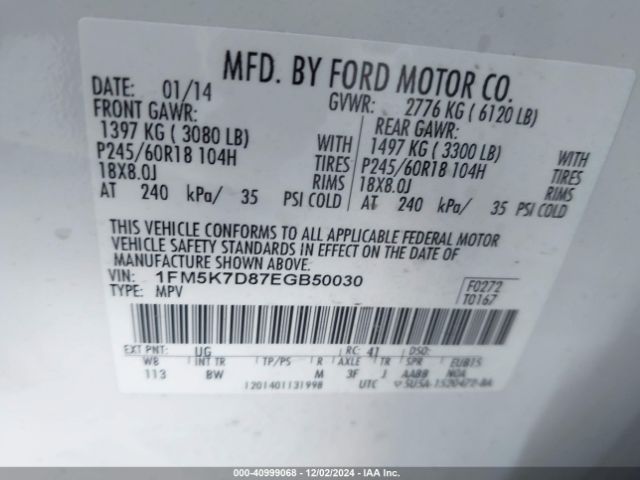 1FM5K7D87EGB50030 Ford EXPLORER XLT