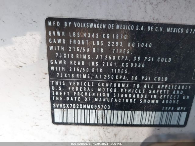 3VVSX7B2XNM095703 Volkswagen Taos 1.5t Se