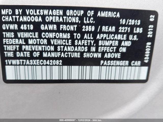 Volkswagen Passat 1.8t Se 2014 1VWBT7A3XEC042082 Image 9