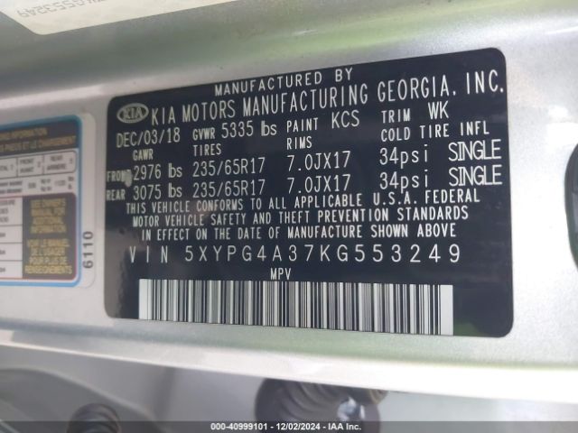 5XYPG4A37KG553249 KIA Sorento 2.4l L