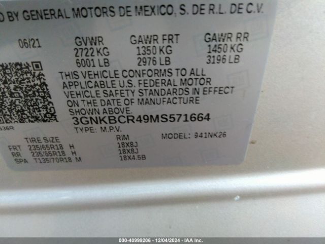3GNKBCR49MS571664 Chevrolet Blazer Fwd 2lt