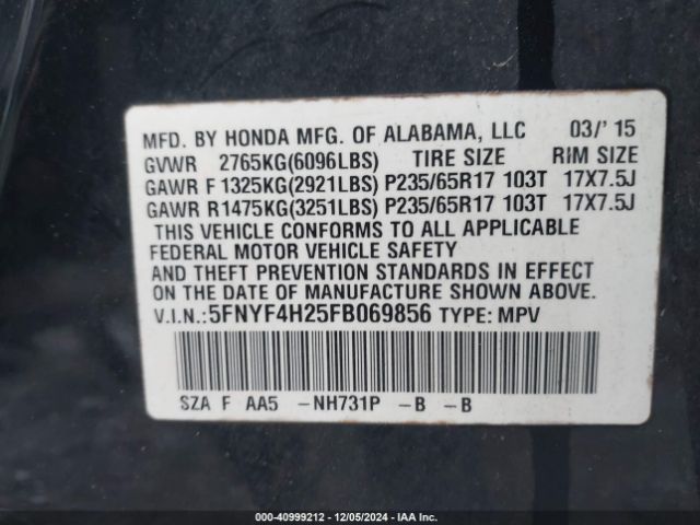 5FNYF4H25FB069856 Honda PILOT LX