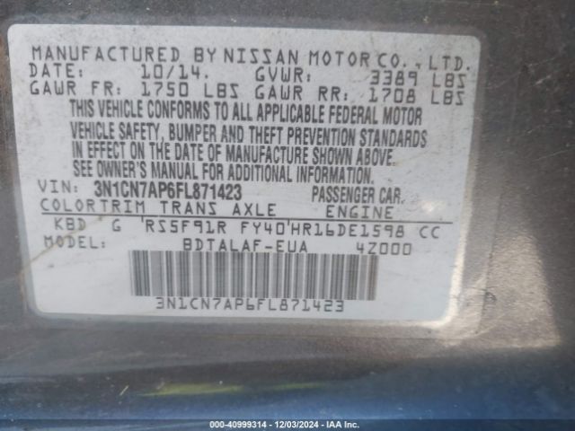 3N1CN7AP6FL871423 Nissan Versa 1.6 S