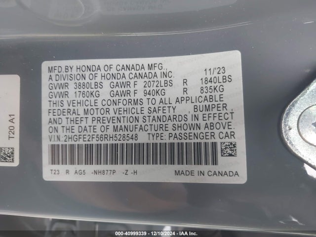 Honda Civic Sport 2024 2HGFE2F56RH528548 Image 9