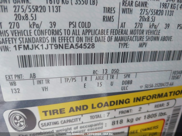 1FMJK1JT9NEA54528 Ford Expedition Xlt Max