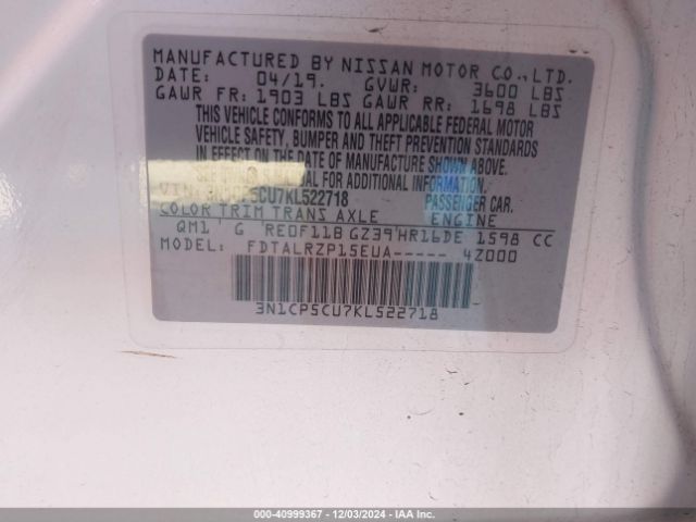 3N1CP5CU7KL522718 Nissan KICKS S