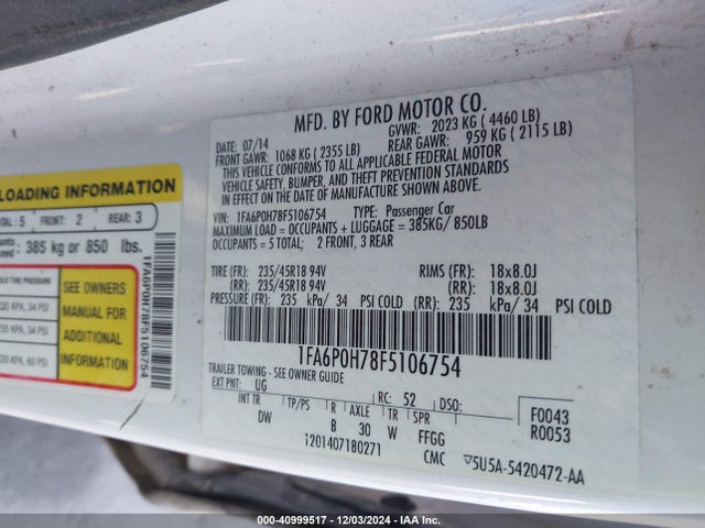 Ford FUSION SE 2015 1FA6P0H78F5106754 Image 9